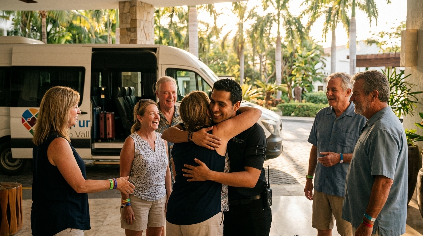 Viajera despidiéndose con un abrazo del Travelier de CityFunTastic al finalizar la experiencia en su hotel.